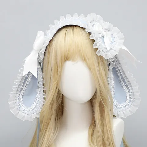 Cerchietto con Orecchie di Coniglio Lolita Carino Pizzo Fiocco Fascia Capelli Dolce Anime Cosplay Accessori Capelli Donna Festa