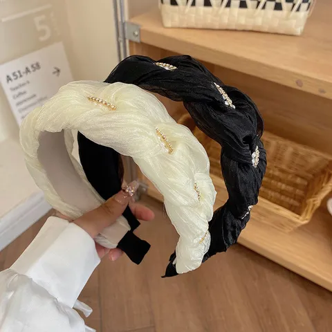 Franse Twist Brede Haarband Geplooide Stof Stirnband Hoge Schedeltop Gevlochten Hoofdband Met Kunstparels Strass Voor Vrouwen Elegante Haaraccessoires