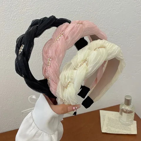 Franse Twist Brede Haarband Geplooide Stof Stirnband Hoge Schedeltop Gevlochten Hoofdband Met Kunstparels Strass Voor Vrouwen Elegante Haaraccessoires