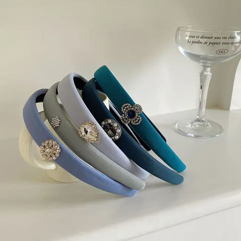 Korean Style Simple High Skull Top Sponge Headband Blue Grey Series Fabric Rhinestone Snowflake Flower Hair Hoop Headwear For Women