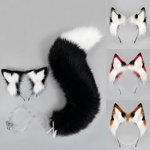 Halloween Orejas de Zorro y Cola Cosplay Disfraz Conjunto Diadema de Oreja de Animal de Peluche con Cinturón Accesorios de Disfraz de Animal para Fiesta Mujeres