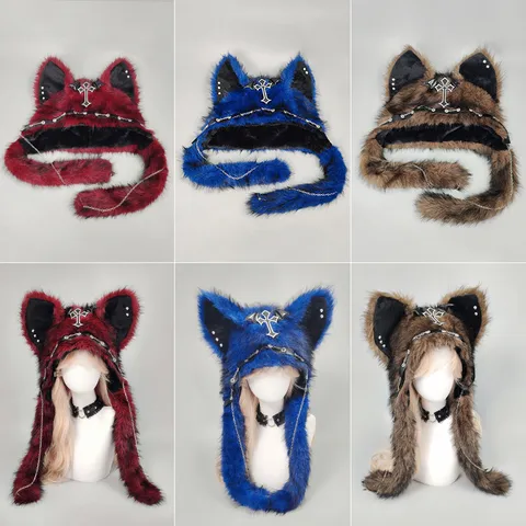 Subculture Gothic Punk Plush Cat Ear Hat Winter Warm Dark Style Cross Chain Fluffy Cap Women Fashion Streetwear