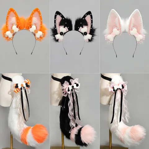 Handmade Anime Cosplay Fox Ears Headband Plush Paws And Long Tail Set Kawaii Lolita Animal Costume Props For Party