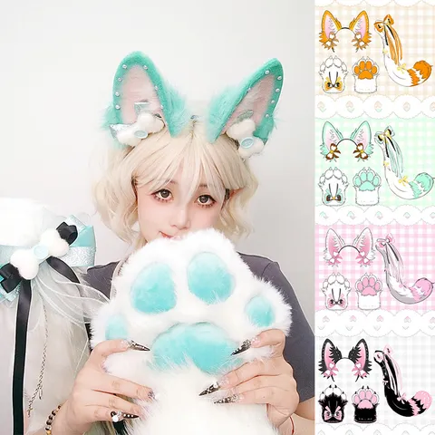 Handmade Anime Cosplay Fox Ears Headband Plush Paws And Long Tail Set Kawaii Lolita Animal Costume Props For Party