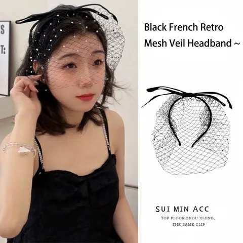 Cerchietto Con Velo a Rete Nero French Vintage Elegante Velo Sposa Viso Con Fiocco Strass Accessori Capelli Per Halloween Matrimonio Foto Prop Donna