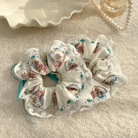 Chouchou Style Coréen Ours Floral Dentelle Vintage Français Accessoire de Coiffure en Tissu pour Femmes Motif Animal