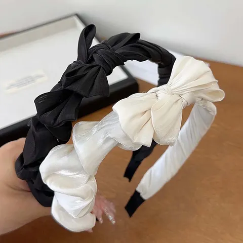 Korean Style Sweet Bow Pleated Fabric Headband For Women Elegant Satin Silk-like Hair Hoop Aesthetic Hair Accessories