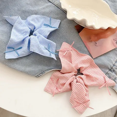 Korean Style Gingham Bow Tie Scrunchie With Streamers Sweet Plaid Fabric Hair Ties For Women Girls Fashion Hair Accessories