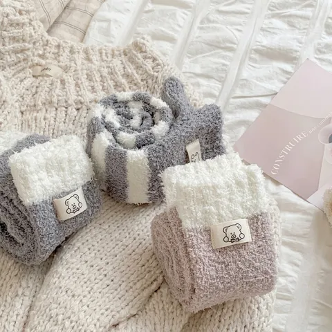 Women Coral Fleece Mid-Calf Floor Socks Thickened Warm Sleep Socks Striped Bear Pattern Japanese Style Indoor Home Hosiery