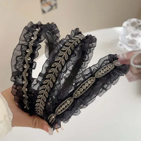 Koreanischer Stil Leichter Luxus Schwarzer Organza Haarband Damen Rüschen Strass Blatt Weizenähre Muster Gezahntes Kopfband Haarschmuck