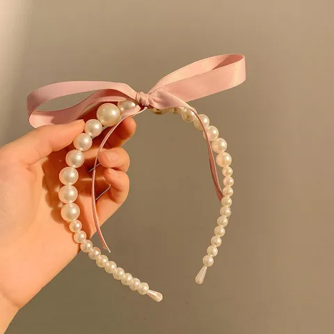 French Style Creamy Girl Pink Ribbon Bow Artificial Pearl Headband Sweet Elegant Hair Hoop For Women Fashion Accessories