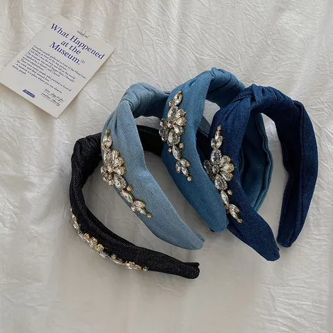 2025 Neuer Leichter Luxus Denim Strass Haarreif Hoher Cranial Top Verdrehtes Knoten Handgefertigt Blumen Strass Eingelegtes Stirnband Für Damen
