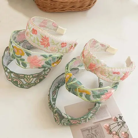 Serre-tête brodé de fleurs style néo-chinois pour femmes Vintage fleurs ethniques bandeau large accessoires cheveux