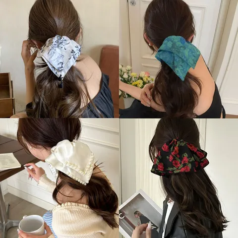 Chouchou Foulard Large Style Français Imprimé Floral à Pois Nœud de Perles Ruban Élastiques à Cheveux Élégants Accessoires pour Femmes