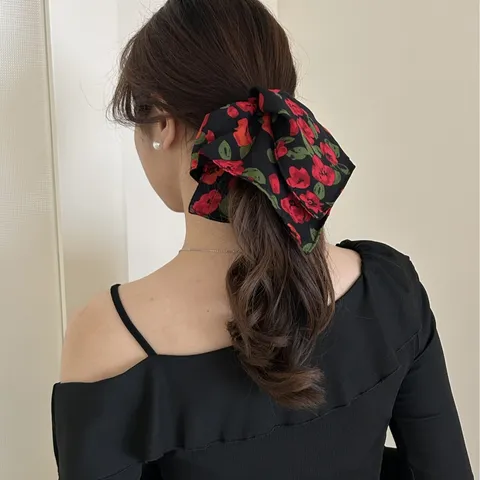 Chouchou Foulard Large Style Français Imprimé Floral à Pois Nœud de Perles Ruban Élastiques à Cheveux Élégants Accessoires pour Femmes
