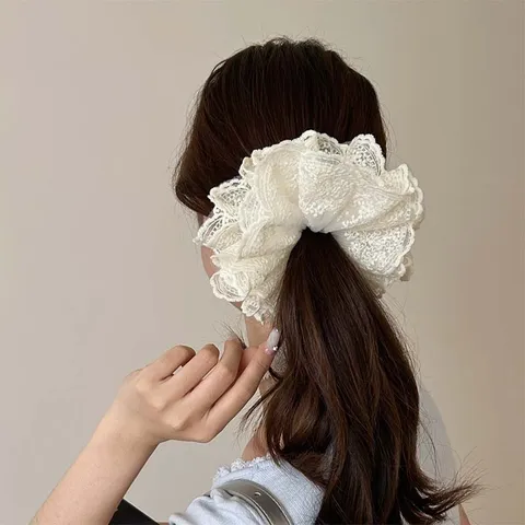 French Vintage Oversized Lace Hair Scrunchies Sweet Layered Floral Hair Ties Ruffled Ponytail Holder For Women Elegant Hair Accessories