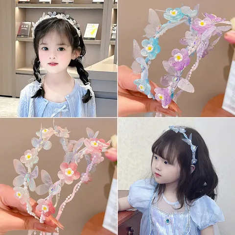 Girl Flower Garland Headband Butterfly Ribbon Fairy Flower Crown For Princess Performance Wedding Party Hair Accessory