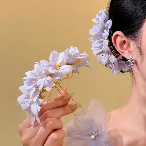 New Chinese Style Floral Hair Stick For Women Ancient Hanfu Qipao Purple Flower Side Clip Handmade Alloy Fabric Hairpin Jewelry