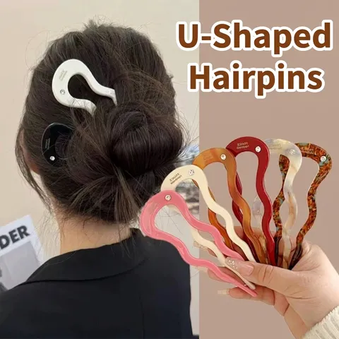 French Vintage Acetate U-Shaped Hair Fork Wavy Rhinestone Hair Stick Elegant Bun Hair Accessory For Women Party Jewelry