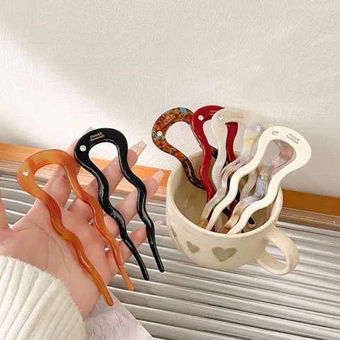 French Vintage Acetate U-Shaped Hair Fork Wavy Rhinestone Hair Stick Elegant Bun Hair Accessory For Women Party Jewelry