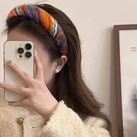 Dames Retro Gebreide Hoofdband Regenboog Karamel Kleur Handgebreide Brede Wollen Garen Haarband Mode Accessoires