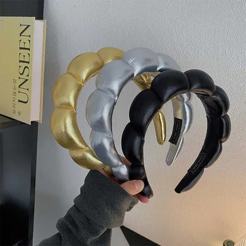 Serre-tête Nuage en Éponge Rembourré pour Femmes Sommet Crânien Haut en Cuir PU Métallique Accessoires Cheveux Quotidiens
