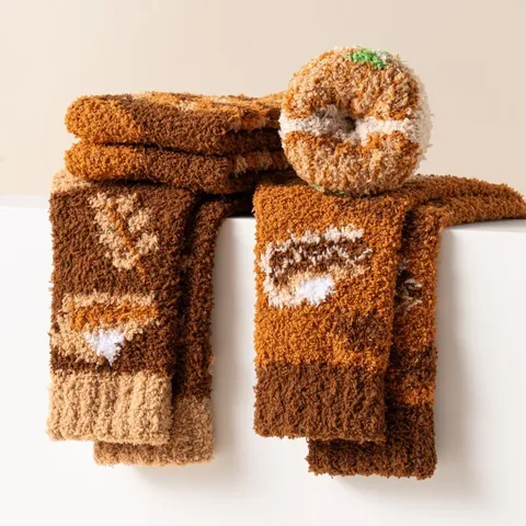 Damen Korallenvlies Socken Warm Flauschig Erntedankfest Truthahn Kürbis Muster Schlaf Wadenhoch Socken Herbst Winter Haus Socken