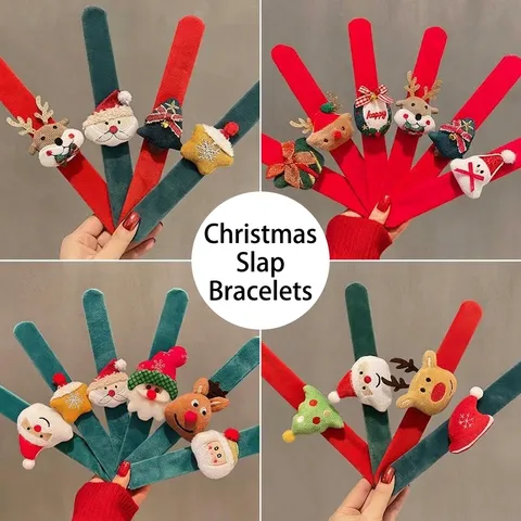 Christmas Slap Bracelet Hair Accessory Santa Claus Reindeer Snowman Plush Slap Circle Festive Wristband Gift For Kids Adults