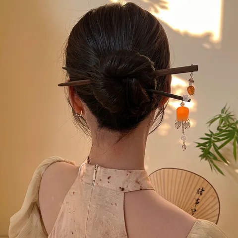 New Chinese Style Luminous Lantern Tassel Hair Stick Antique Wood Alloy Stepper Hair Pin For Hanfu Women Jewelry Gift