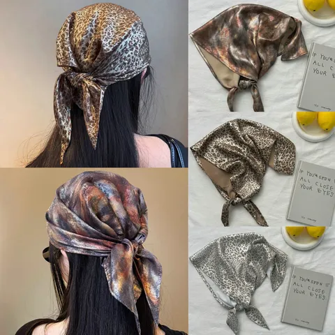 Glossy Leopard Print Satin Headscarf For Women American Niche Spicy Girl Y2K Retro Decorative Triangle Scarf Multiuse Accessory