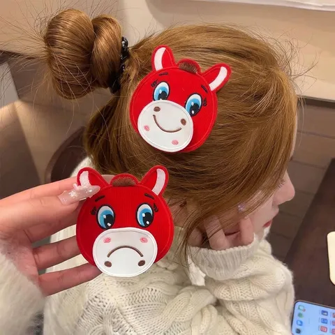 Cartoon Horse Hair Finishing Sticker For Girls Cute Red Fabric Hair Accessory With Hook And Loop Embroidery Horse Pattern Hair Styling Tool For Kids