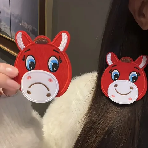Cartoon Horse Hair Finishing Sticker For Girls Cute Red Fabric Hair Accessory With Hook And Loop Embroidery Horse Pattern Hair Styling Tool For Kids