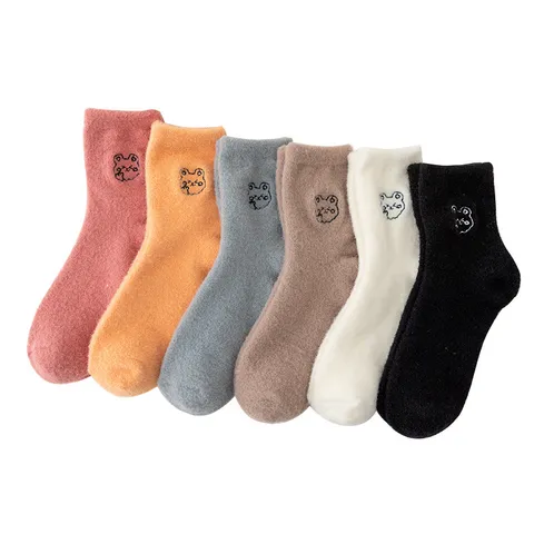 Damen Winter Verdickt Nerzimitat Samt Mittlere Rohr Socken Süß Cartoon Bär Stickerei Warm Weich Plüsch Schlafsocken Für Kaltes Wetter