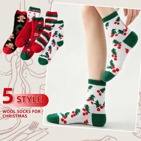 Women Christmas Coral Fleece Socks Thick Warm Thermal Home Floor Socks Gingerbread Man Christmas Tree Pattern Winter Socks