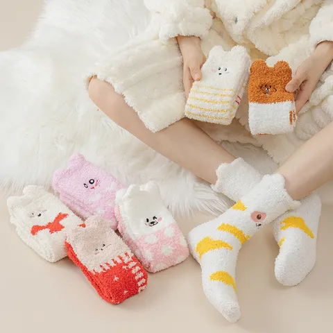Damen Süße Cartoon Tier Korallenfleece Socken Verdickte Warme Winter Schlafsocken Weiche Gemütliche Hausbodensocken