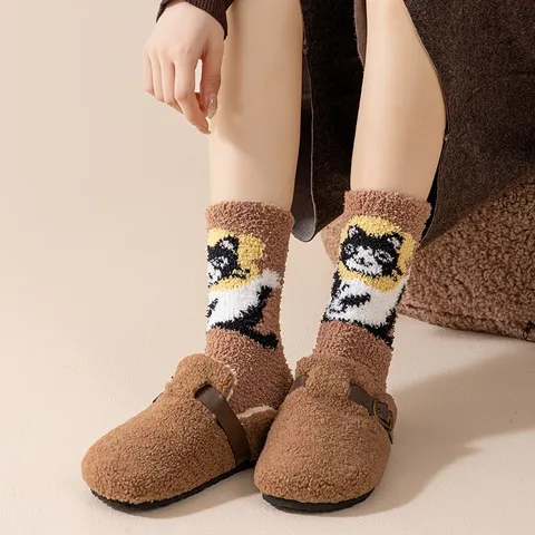 Damen Süße Cartoon Korallenvlies Socken Verdickte Warme Winter Schlafsocken Japanischer Stil Weiche Indoor Bodensocken Für Damen