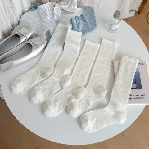Calze da Donna Estive Sottili Stile Balletcore a Metà Polpaccio a Costine con Fiocco in Pizzo Traspiranti Stile Coreano