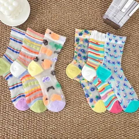 Vintage Japanischer Stil Transparente Netz Socken Damen Atmungsaktiv Floral Gestreift Kontrastfarbe Mittelhohe Renaissance Mode Dünne Socken
