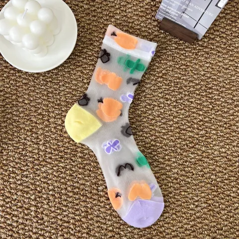 Vintage Japanischer Stil Transparente Netz Socken Damen Atmungsaktiv Floral Gestreift Kontrastfarbe Mittelhohe Renaissance Mode Dünne Socken