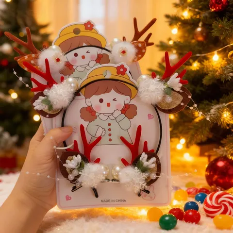 Juego de Diadema y Pinza para el Pelo con Astas de Reno de Navidad Dulce Lazo de Peluche Banda Festiva para Fiesta Fotografía Mujer Niña Accesorios