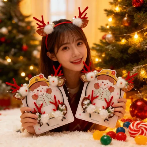 Juego de Diadema y Pinza para el Pelo con Astas de Reno de Navidad Dulce Lazo de Peluche Banda Festiva para Fiesta Fotografía Mujer Niña Accesorios