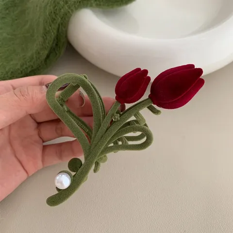 Koreanischer Stil Samt Tulpe Haarkralle Mit Künstlicher Perle Legierung Galvanisiert Große Haarklammer Herbst Winter Haarschmuck Für Damen Dekorativer Kopfschmuck