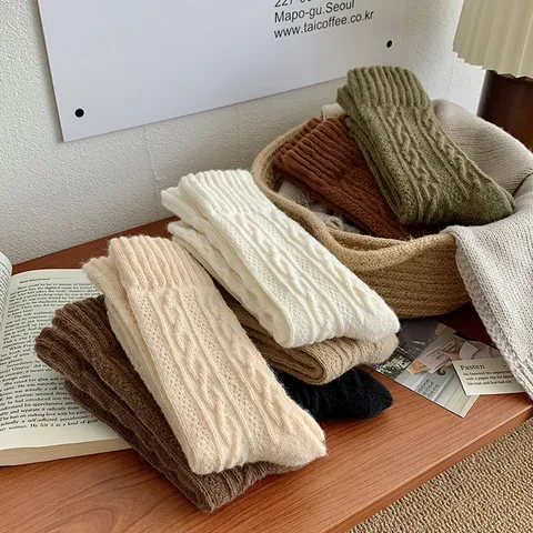 Women Japanese Vintage Rabbit Hair Wool Blend Slouch Socks Thickened Warm Cable Knit Mid-Calf Socks Solid Winter Long Socks