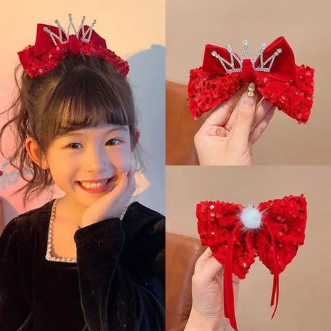 Red Sequin Bow Hair Clips For Girls New Year Hair Accessories Festive Velvet Hairpins With Furball Pearl Tassel Heart Crown Decor Cute Hair Clips