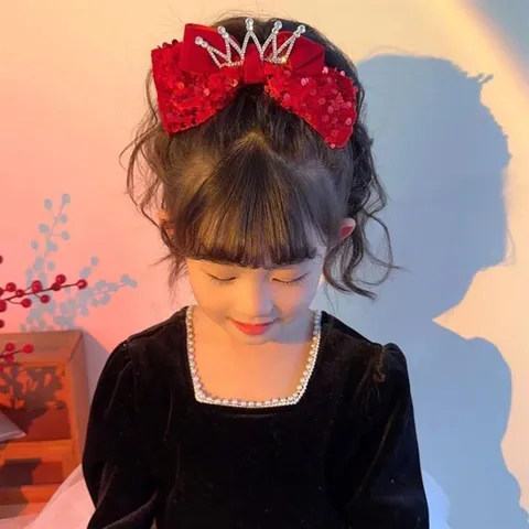 Red Sequin Bow Hair Clips For Girls New Year Hair Accessories Festive Velvet Hairpins With Furball Pearl Tassel Heart Crown Decor Cute Hair Clips