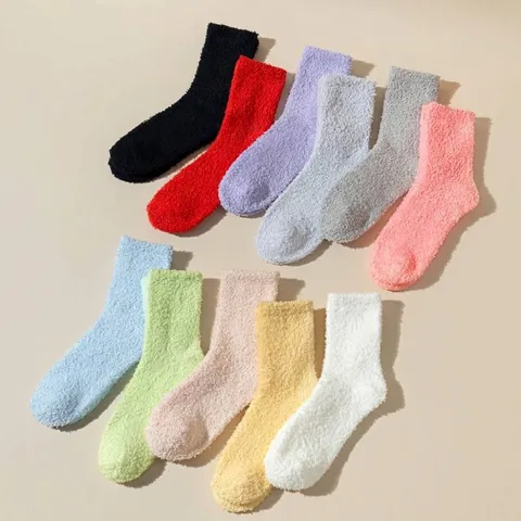 Calcetines para Dormir de Terciopelo Coral de Color Sólido para Mujer Calcetines de Felpa Suave Color Macaron Gruesos Cálidos y Esponjosos