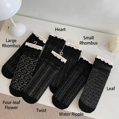 Women Cotton Ruffle Lace Trim Socks Japanese JK Lolita Style Hollow Out Mesh Mid Tube Socks Sweet Ribbed Pile Socks