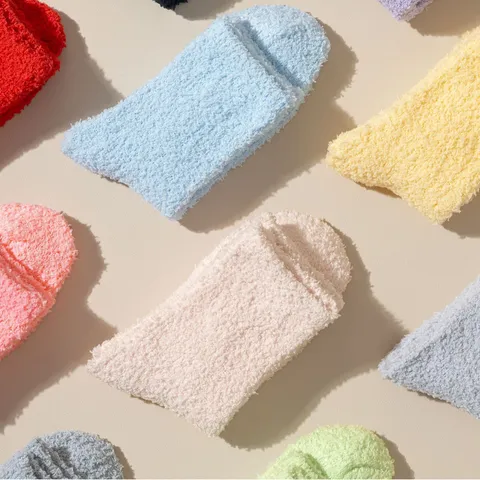 Calcetines para Dormir de Terciopelo Coral de Color Sólido para Mujer Calcetines de Felpa Suave Color Macaron Gruesos Cálidos y Esponjosos
