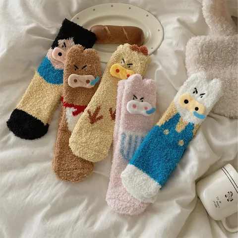 Cartoon Schwein Korallenfleece Verdickte Warme Wadenhohe Socken Für Damen Weiche Flauschige Schlafsocken Winter Thermal Socken