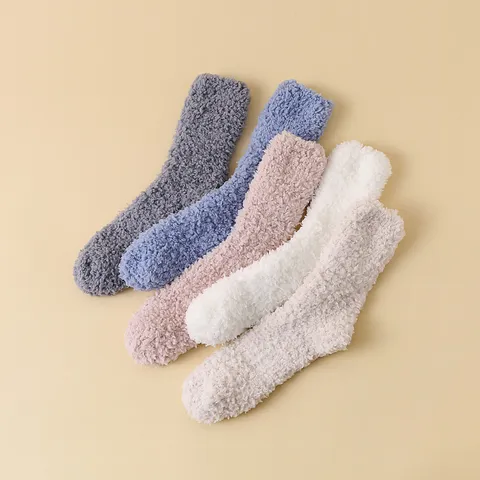 Damen Winter Dick Warm Korallenfleece Socken Flauschig Weich Boden Schlafsocken Japanischer Stil Einfarbig Mittlere Socken